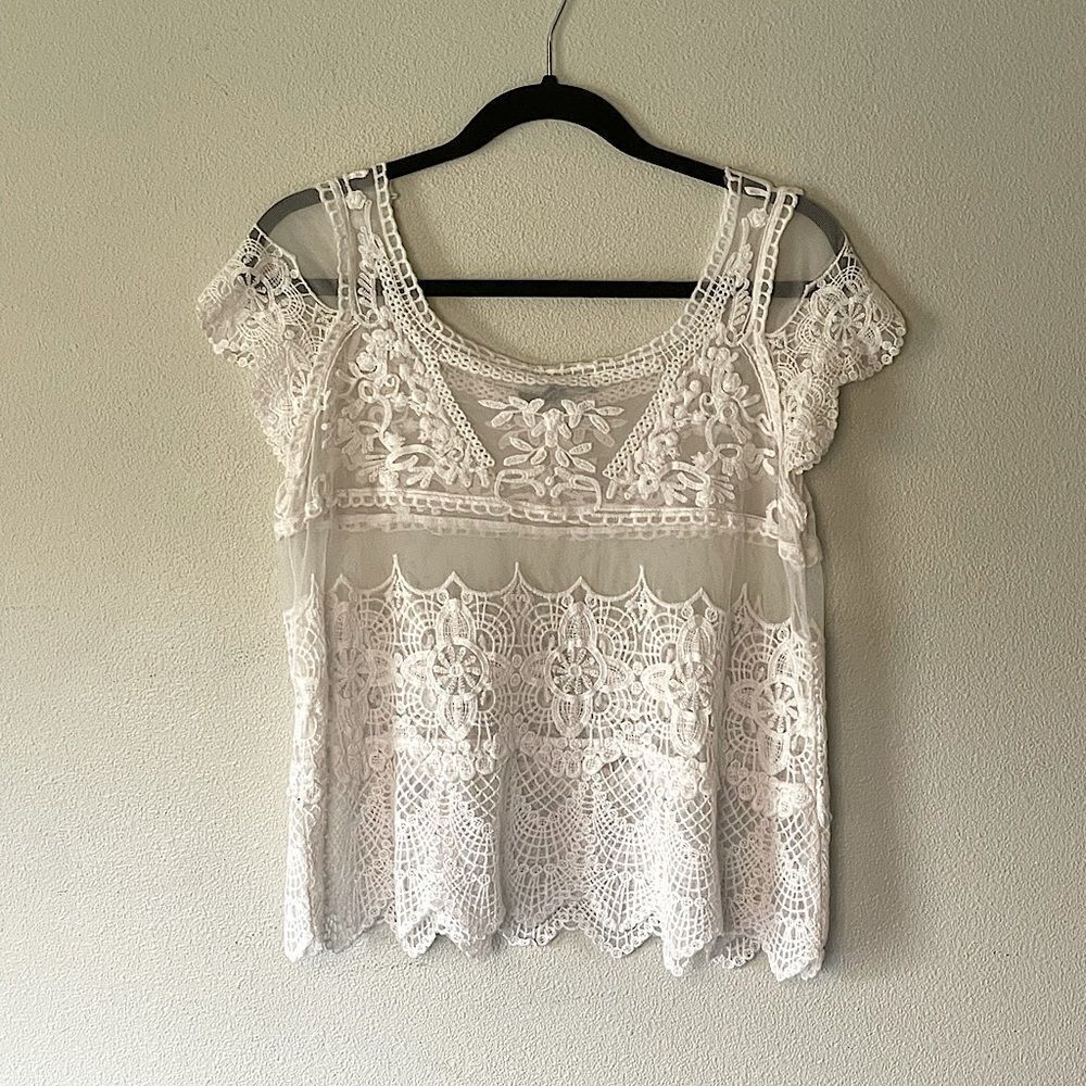 New! Blue Tassel White Lace Crop Top. size Medium.